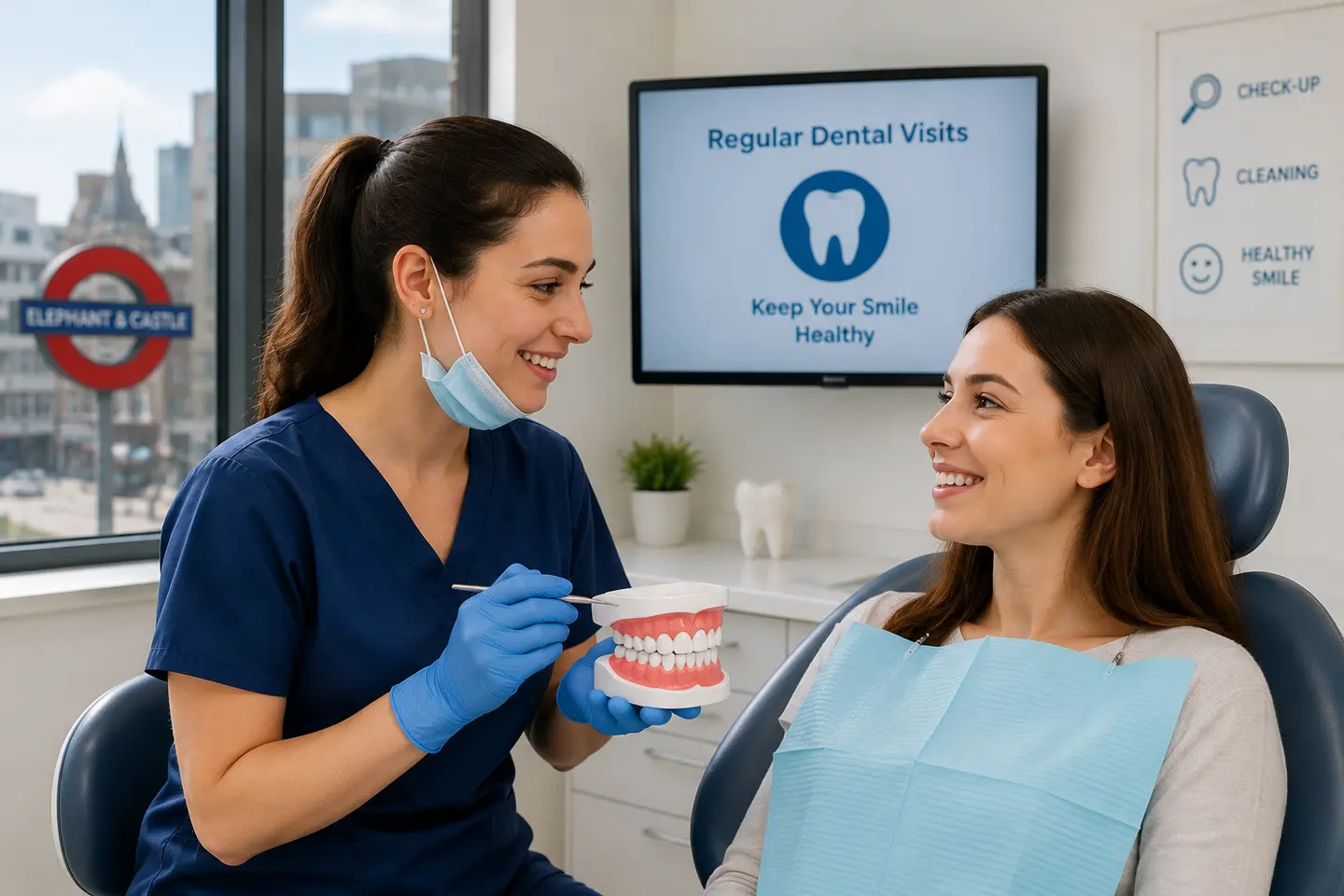 Dentist discussing regular checkups with a patient in Elephant and Castle